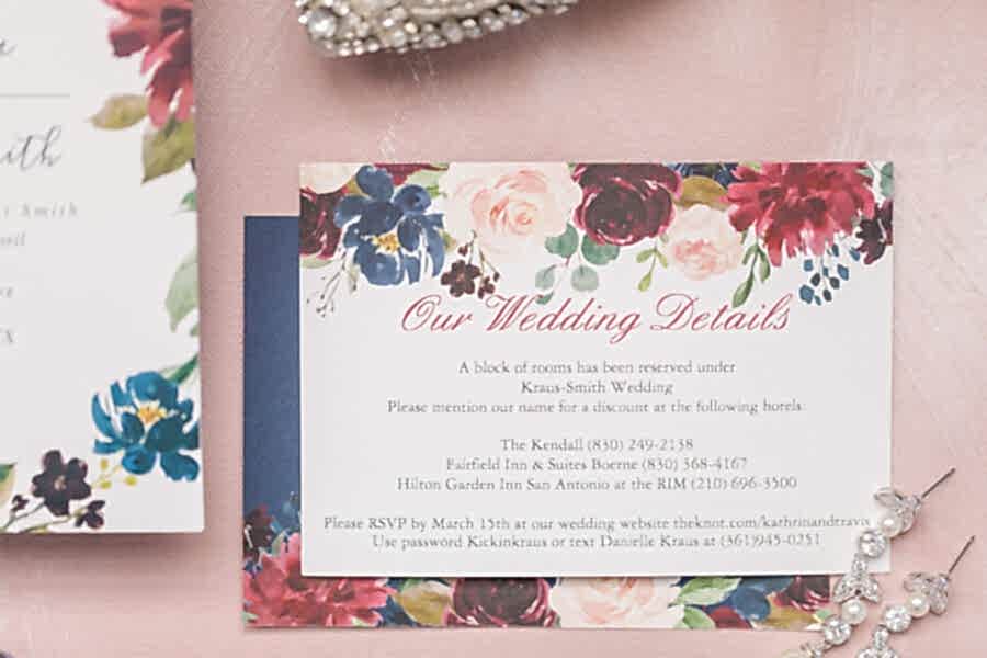 A wedding details card insert from a wedding invitation