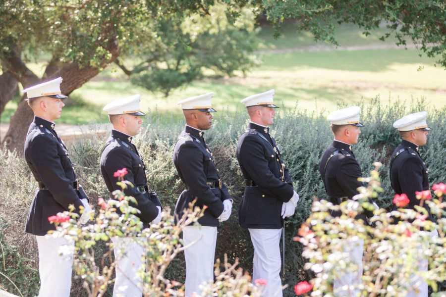 Marine groomsmen in their Blue Dress uniforms