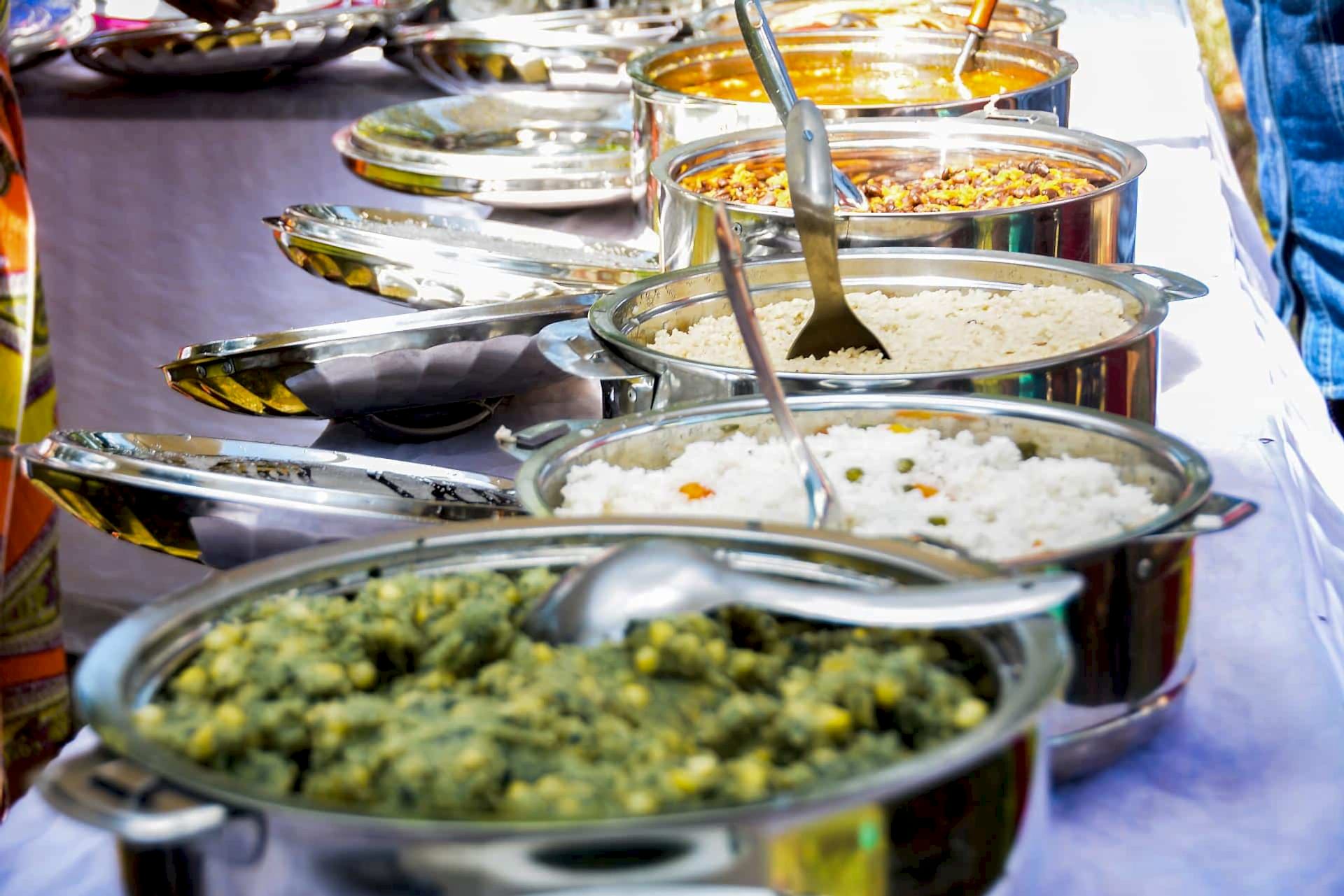 An elegant buffet of food, which can help you save money on your wedding catering budget