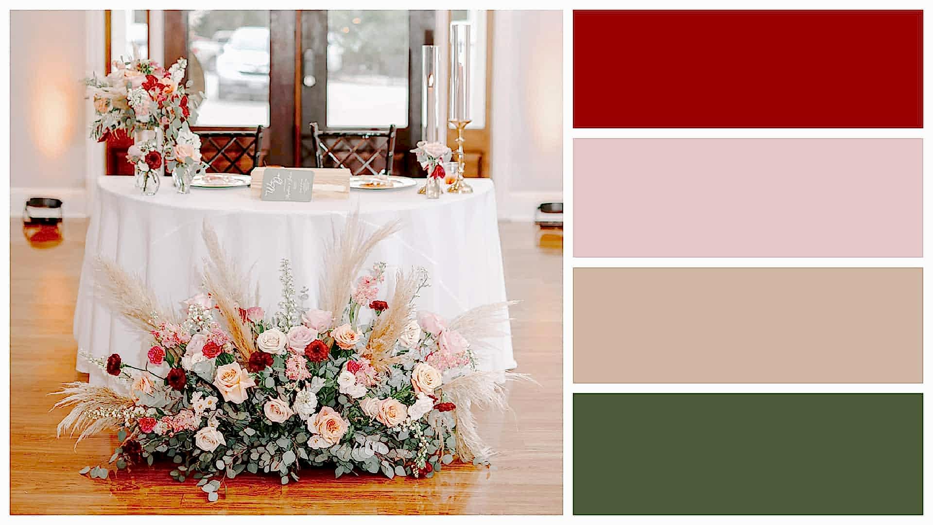 sweetheart table with color palette of red, taupe, and green