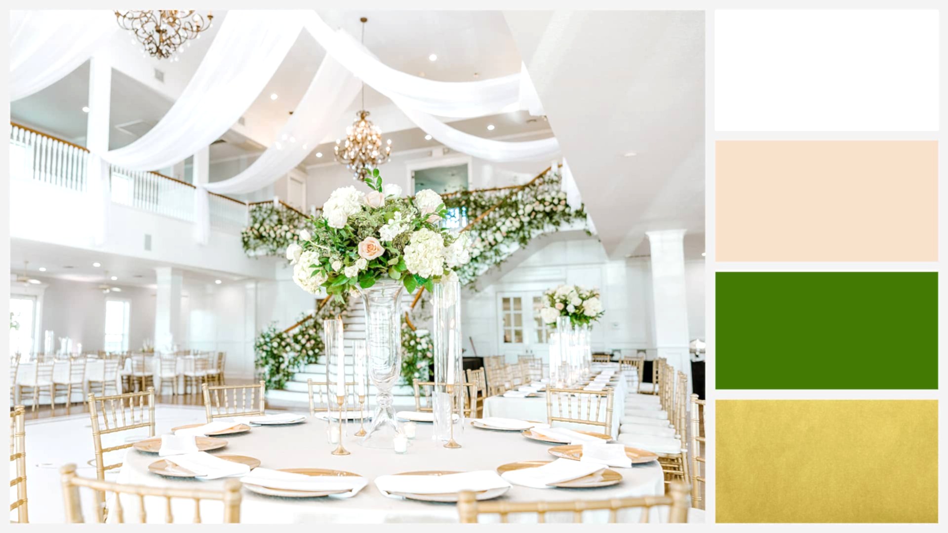 wedding reception with color palette of white, peach, and gold
