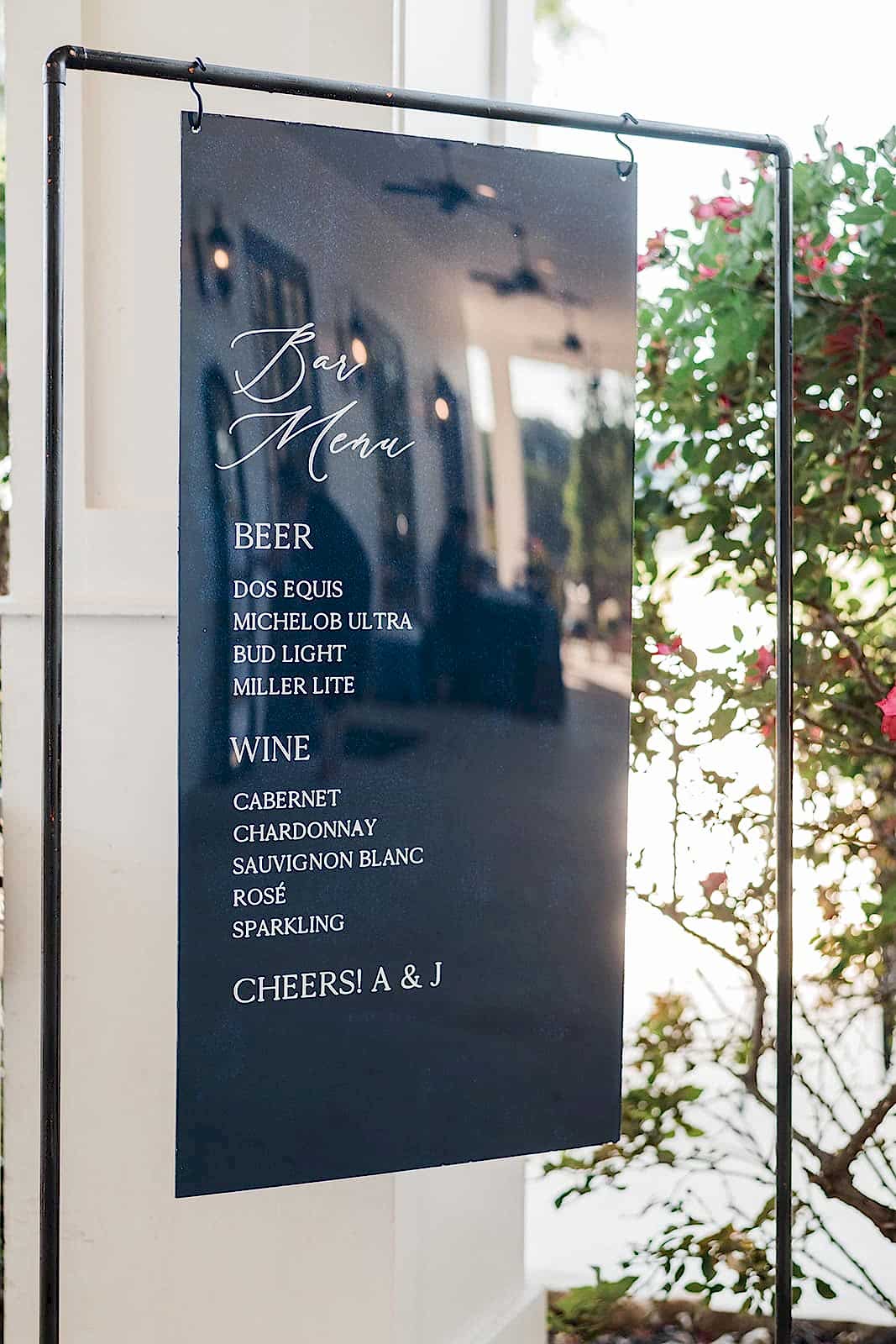 Large bar menu at a wedding