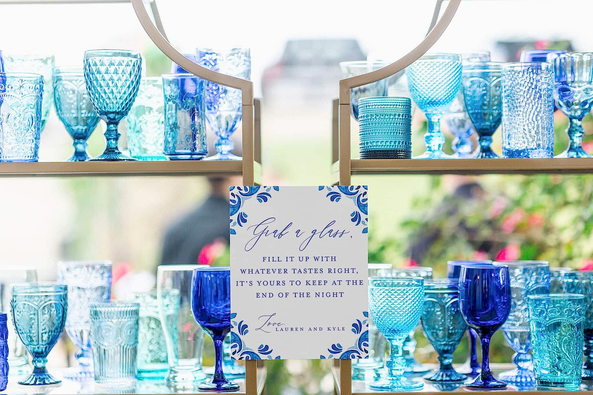 Display of mismatched blue vintage glassware
