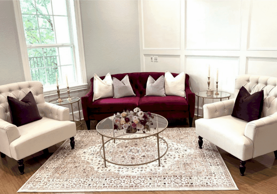 lounge area inside Kendall Point during wedding reception.