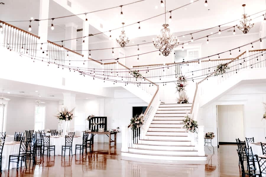 String lights hung in the Kendall Point grand ballroom.