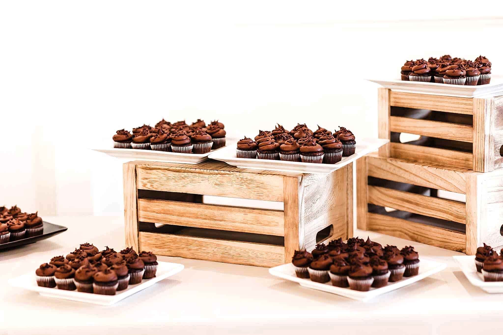 wedding dessert table at Kendall Point with mini chocolate cupcakes