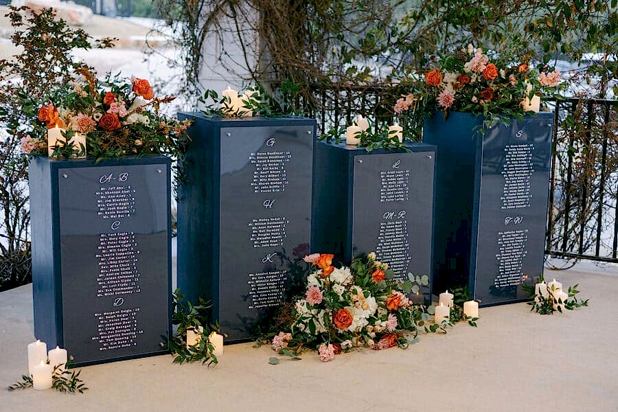 floral bouquets surrounding seating chart at kendall point wedding