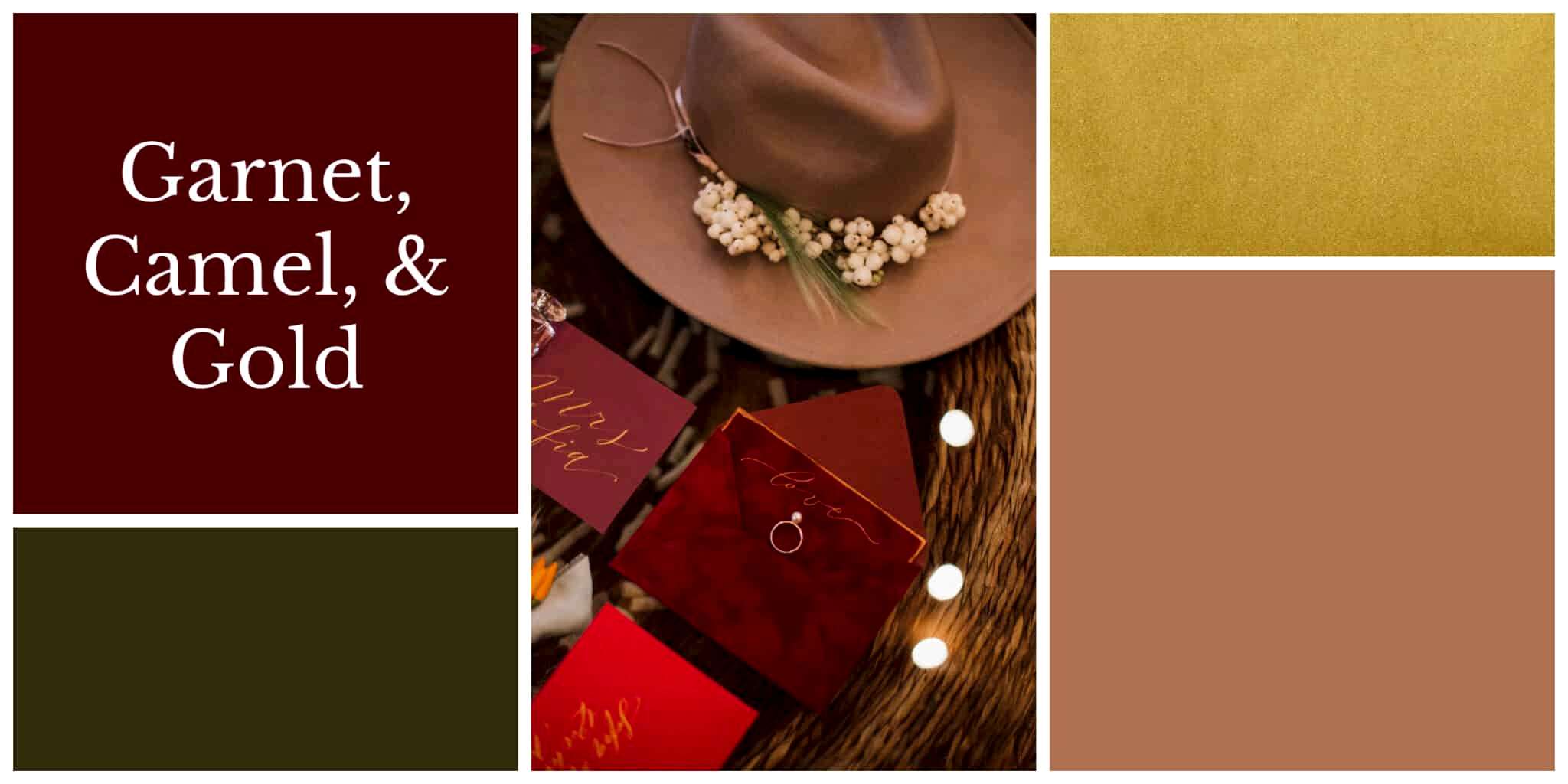 Garnet, camel, and gold color palette
