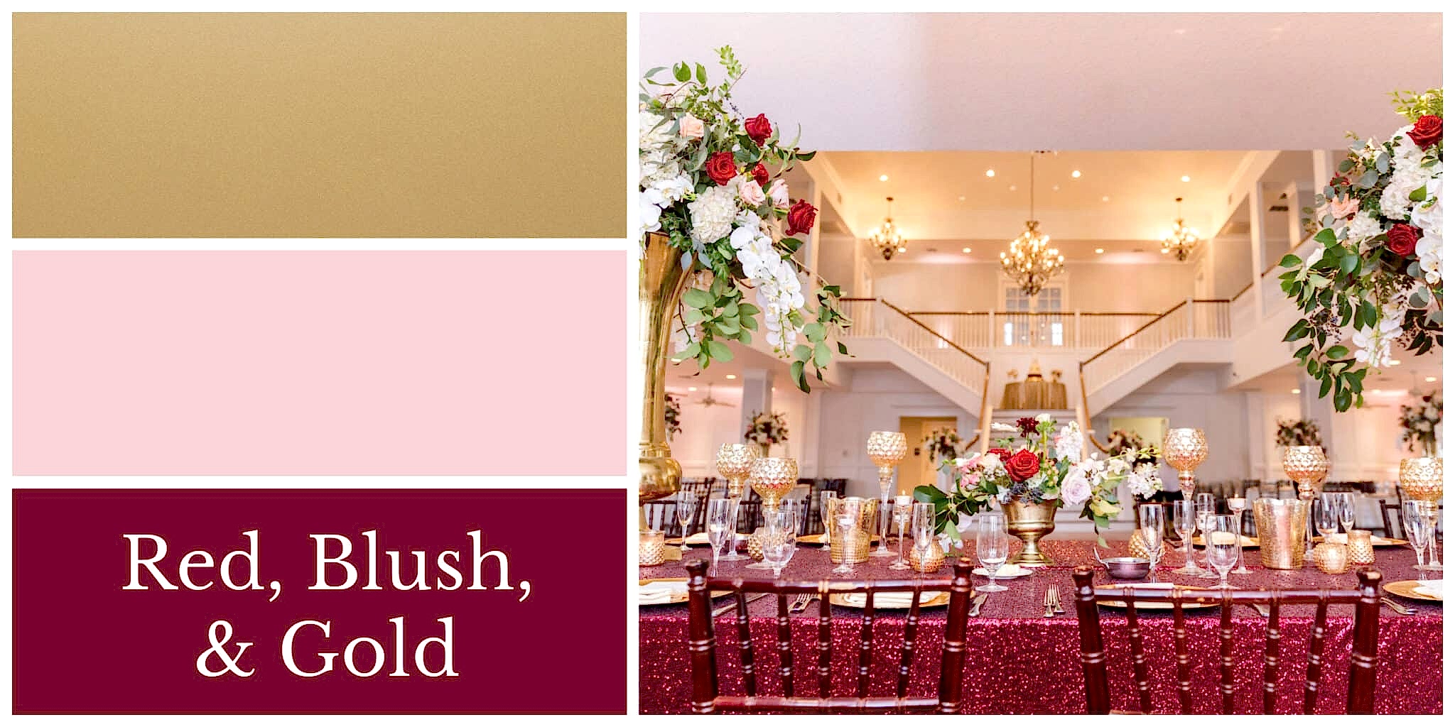 Winter wedding color palette in red, blush, and gold